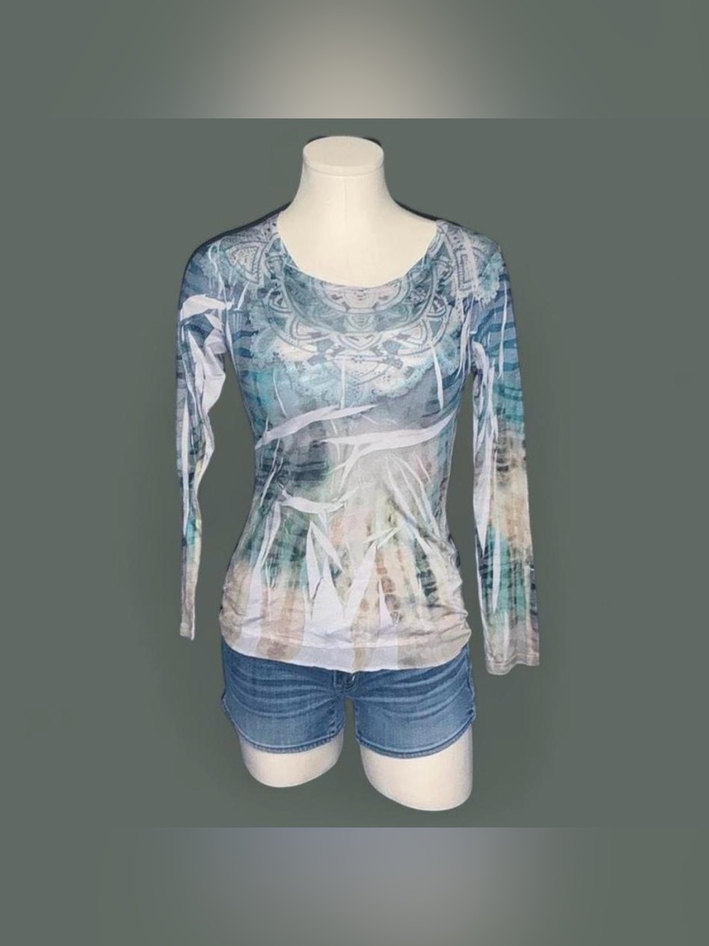 Xhilaration Teal Multi Long Sleeve Scoop Neck Top